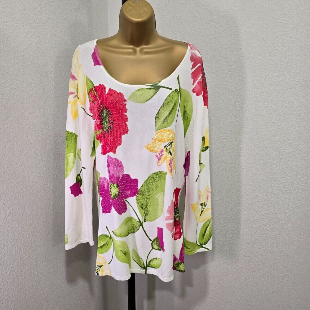 Radzoli Tunic Womens XL White Floral Multicolor Beaded Artsy Scoop Neck Sequin